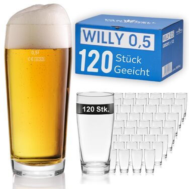 Van Well Willibecher 0,5л - Преміум склянки для пива, 120 шт. - Міцні склянки, придатні для миття в посудомийній машині, градуйовані, 500 мл. Ідеально для ресторанів та дому.