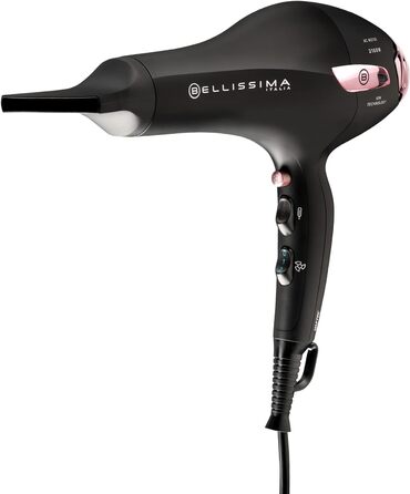Фен Bellissima P7 3200 з іонізацією, 2100 Вт, професійний мотор, 2 швидкості, 3 температури, насадка-дифузор для локонів, холодне повітря, підсвічування, дорожній футляр, кабельний затискач