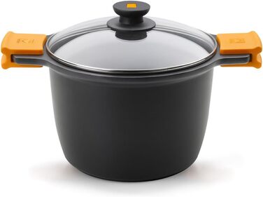 Висока каструля BRA Efficient з антипригарним покриттям Teflon Platinum Plus, алюмінієвий литий корпус, скляна кришка, силіконові ручки, 20 см, чорна