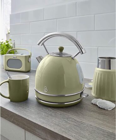Електрочайник Swan Retro 1,8 л, вінтажний дизайн, 3000 Вт, автоматичне відключення, Strix контролер, бездротовий, BPA-free нержавійка, зелений
