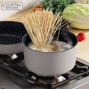 Набір посуду Country Kitchen 16 предметів: каструлі та сковорідки з антипригарним покриттям, знімними ручками Soft-Touch, для кемпінгу та приготування їжі в духовці (сірий)