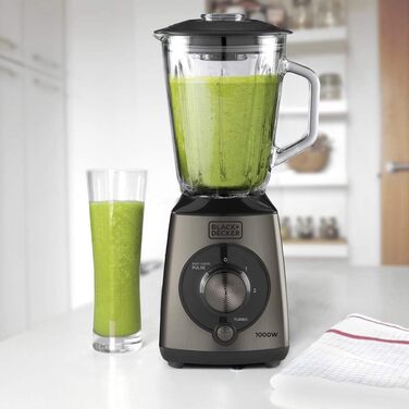 Стаціонарний блендер BLACK+DECKER, 1000 Вт, 1,5 л, імпульсний режим, пластикова чаша, 4-лезове розбірне лезо з нержавіючої сталі, легке очищення, сірий
