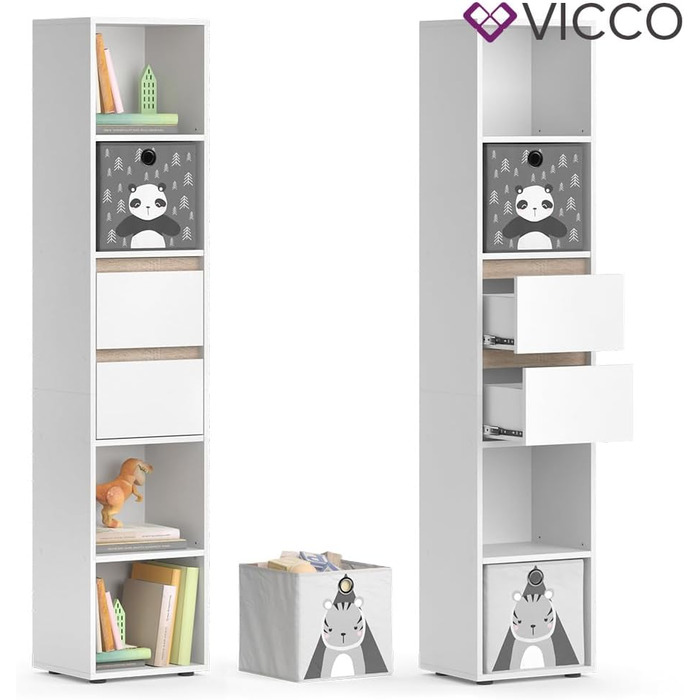 Дитячий стелаж Vicco Robert, білий/дуб сонома, 36.2x171 см, з складними коробами (сірі, різнокольорові)