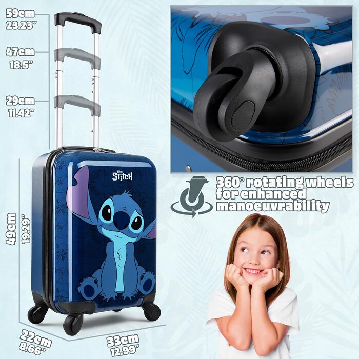 Дитяча валіза Disney Stitch жорстка, 49 см, 30 л, 4 колеса, темно-синя