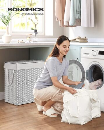 Кошик для білизни SONGMICS з кришкою, 130 л, 2 відділення, знімний мішок, ручки, ручне плетіння, для спальні та ванної, 33x66x60 см, білий