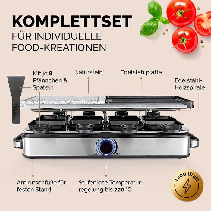 Raclette Gourmetmaxx 2-в-1 з Фондю | Набір раклет для 8 осіб – ідеальний для вечірок | Набір раклет-фондю на 8 осіб з 8 сковородочками, лопатками та виделочками для фондю | Преміум якість