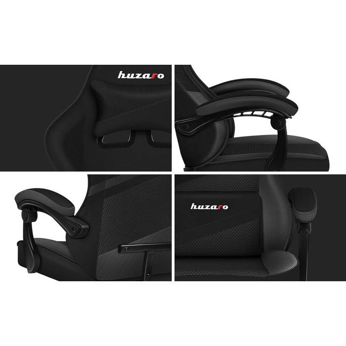 Ігрове крісло huzaro Force 4.4 Carbon, ергономічне, з підголівником і ломбардною подушкою, до 130 кг, регулювання висоти, тканина та екошкіра, чорне