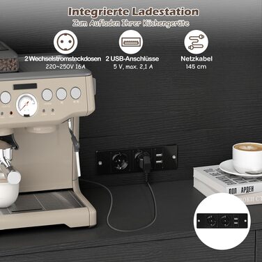 Кухонна шафа-буфет COSTWAY з розеткою та робочою поверхнею, висока шафа для зберігання продуктів, дерево та ротанг, чорна (100 x 40 x 180 см)
