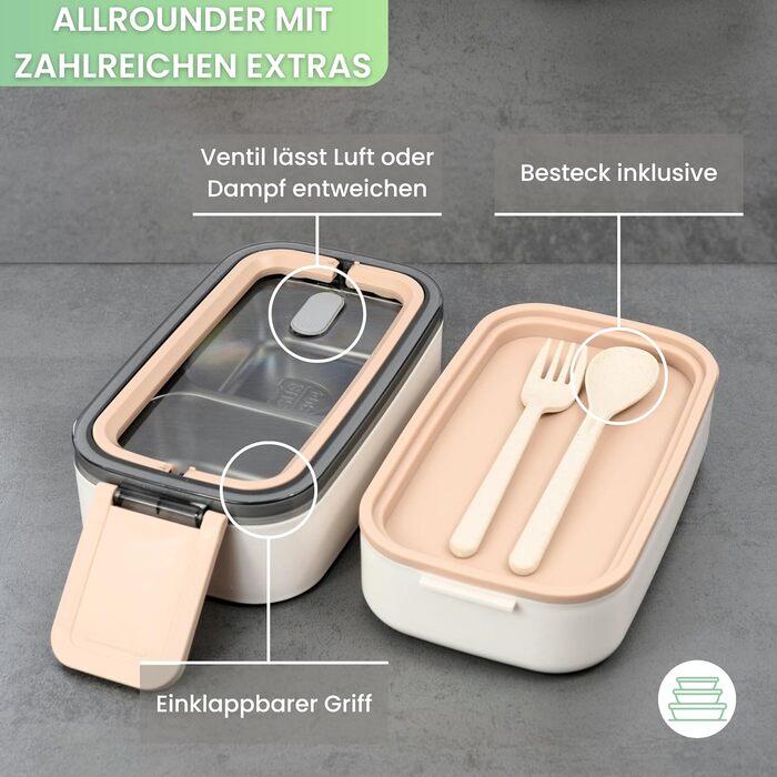 FRADABOX® Ланчбокс Bento 'Taylor', 2-ярусний з відділеннями, преміум нержавіюча сталь, BPA-free, контейнер для їжі з прибором, герметичний, для дорослих, підходить для мікрохвильовки, ідеальний для подорожей та Meal Prep