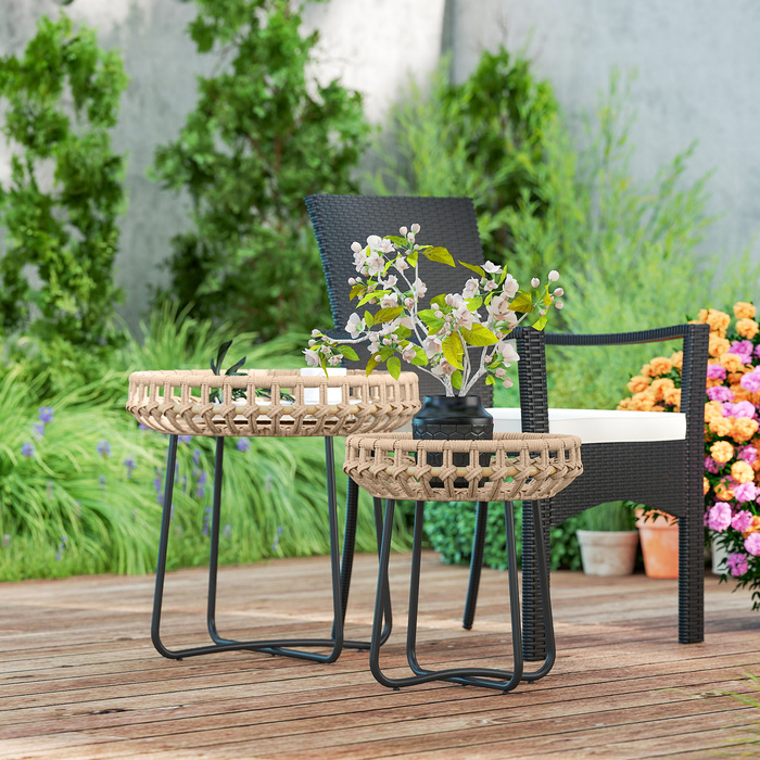 Outsunny Набір з 2 бічних столів Poly Rattan Ø60/41 см Круглий стійкий до погодних умов садовий стіл з регульованими подушечками для ніг X-Legs Відкритий балконний столик Журнальний столик Садові меблі для саду, балкон коричневий
