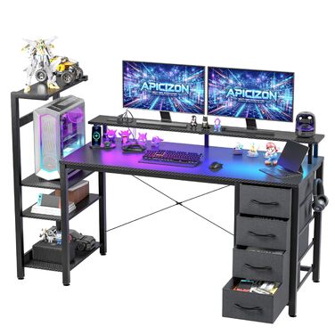 Ігровий стіл APICIZON 150 см з полицею, підставкою для монітора та RGB-підсвіткою, чорний. Комп'ютерний стіл з USB, тримачем для навушників та підставкою для чашки, карбоновий дизайн