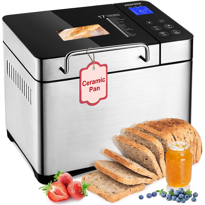 Преміум хлібопекарня Konvektions-Brotbackautomat 710W з керамічною формою, 17 програм, нержавіюча сталь, дозатор горіхів, сенсорне скло, срібляста