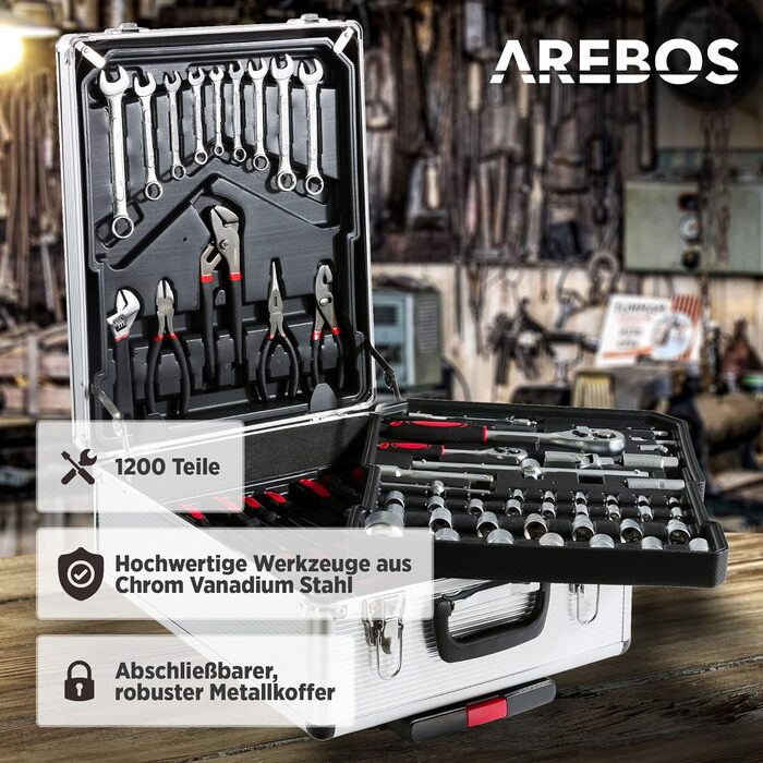 Набір інструментів Arebos 1200 предметів в алюмінієвому кейсі на колесах | Валіза для інструментів з 4 відділеннями та телескопічною ручкою | Майстерня, гараж, дім