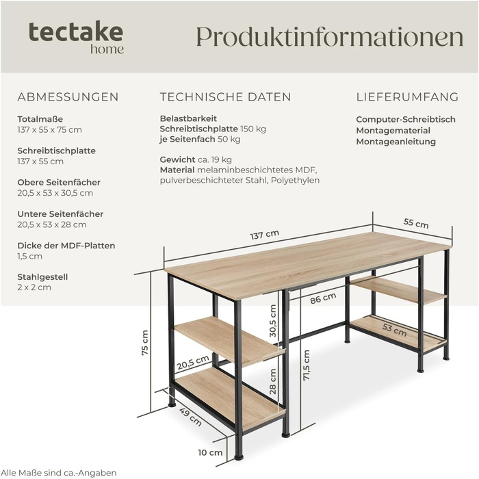 Письмовий стіл tectake Industrial 80x65.5x130.5 см з полицями, висувною полицею для клавіатури та шухлядою - Sonoma Oak (Світле дерево)