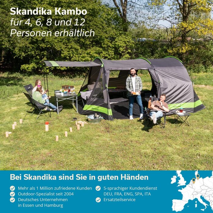 Сімейний намет-тунель Skandika Kambo на 4-8 осіб, водонепроникний (3000 мм), з темною спальнею, сонзахисним дахом та тамбуром, антрацит/зелений