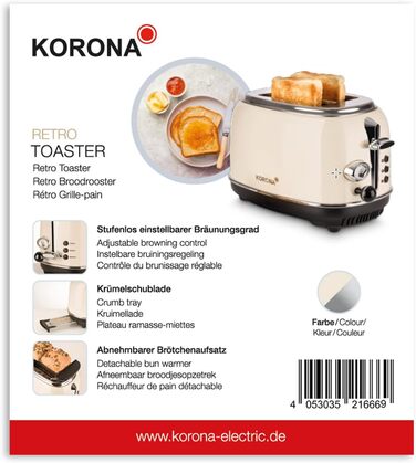 Тостер Korona 21666, 2 скибки, 810 Вт, кремовий, з підставкою для булочок, регулювання ступеня підсмажування, функції розморожування, підігріву, піддон для крихт, центрування хліба