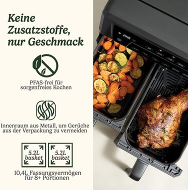 Фритюрниця Cuisinart XXL 10.4L з двома зонами, без PFAS та хімікатів. Брати, смажити, запікати, дегідратувати та підтримувати тепло. 2 камери (2 x 5.2L), 8+ порцій. Деталі придатні для миття в посудомийній машині. Чорний колір.