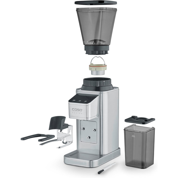 Електрична кавомолка CASO BaristaChef Inox з нержавіючої сталі, конічне жорно, 48 ступенів помолу, тримач для портафільтра, 450 об/хв, індивідуальне дозування