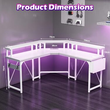 Ігровий стіл Devoko L-подібний 153x153 см з LED підсвічуванням, 2 розетками та 2 USB портами, кутовий комп'ютерний стіл з полицею для монітора, вугілляно-чорний