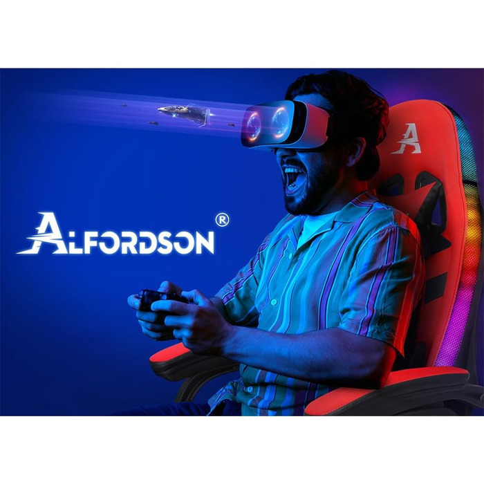 Ігрове крісло ALFORDSON з масажем, 8-точкове, RGB LED, 12 кольорів, ергономічне, з підставкою для ніг, підголівником і поперековою подушкою, для дітей і дорослих, червоне, PU-шкіра