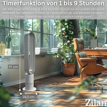 Вентилятор Zilan Turmventilator з пультом дистанційного керування, BLDC мотор, 10 режимів, 900 м³/год, коливання, таймер, сенсорний дисплей