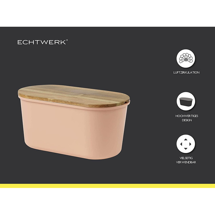 Хлібниця ECHTWERK FRESH із кришкою та дошкою з акації, місткість 1 кг, лососево-рожева, 37x22x17 см, контейнер для зберігання хліба