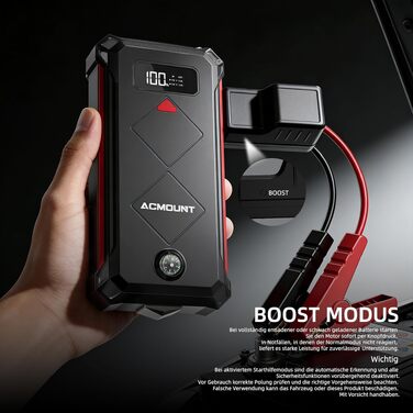 Бустер-пусковий пристрій Acmount P110 7000A Jump Starter для авто, SUV, мотоциклів та газонокосарок (бензин до 12л, дизель до 10л) з LED-ліхтарем, компасом та аварійним молотком, червоний