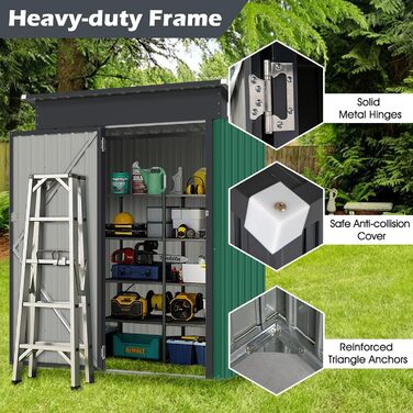 Металевий садовий будиночок COSTWAY 150x90,5x185 см, 1,5 м³, з похилим дахом та дверима, замиканий, зелений