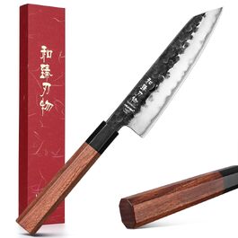 Професійний японський ніж Kiritsuke HEZHEN 21,5 см, кухонний ніж із 3-шарової дамаської сталі з восьмигранною ручкою з червоного дерева та дерев'яним чохлом
