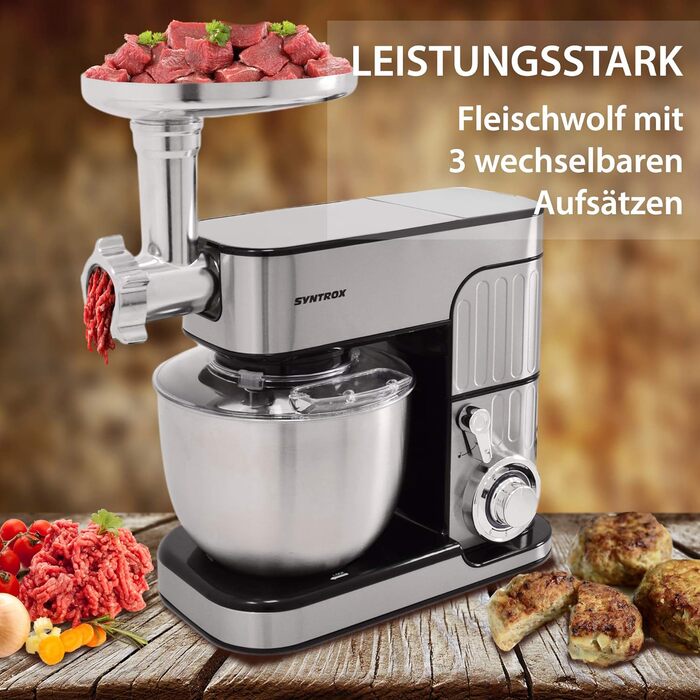 Потужний кухонний комбайн Syntrox Germany 5,5 л з м’ясорубкою, міксером, нержавійка, чорний дизайн