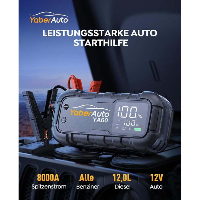 Бустер для автомобіля YaberAuto 8000A, пусковий пристрій Powerbank 26800mAh, 65W USB-C PD, для бензинових та дизельних двигунів до 12.0л, з ліхтарем 600 Лм