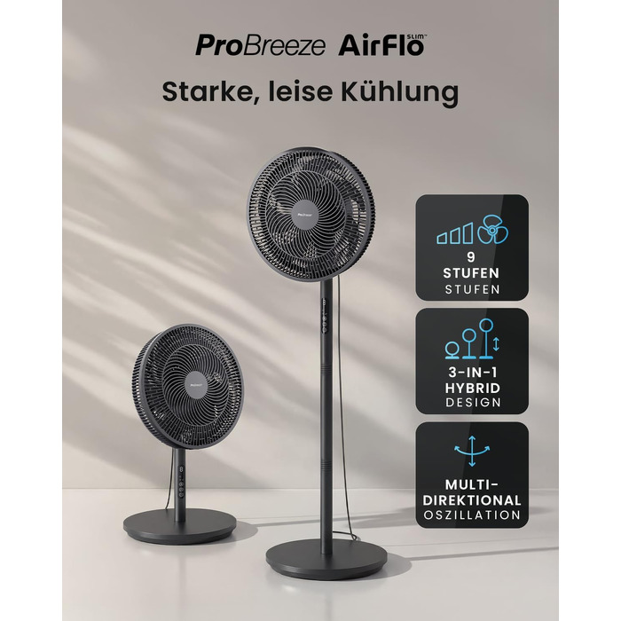 Вентилятор підлоговий Pro Breeze AirFlo Slim: 3 швидкості, 95° поворот, таймер 9 год, пульт, для дому та офісу, чорний