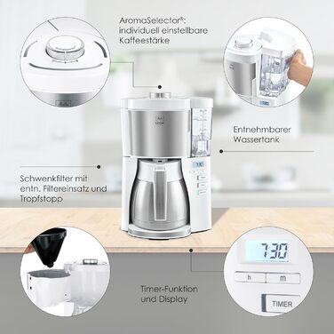 Кавоварка Melitta Look Therm Timer з термокувшином, таймером і захистом від капання, біла, модель 1025-17, для фільтр-кави