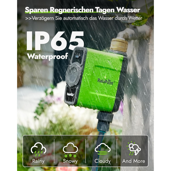 Таймер для поливу RainPoint WiFi з латунними з'єднаннями, розумне керування, APP, голосове управління, автоматичний полив саду та газону, 6 програм, 1 зона (зелений)