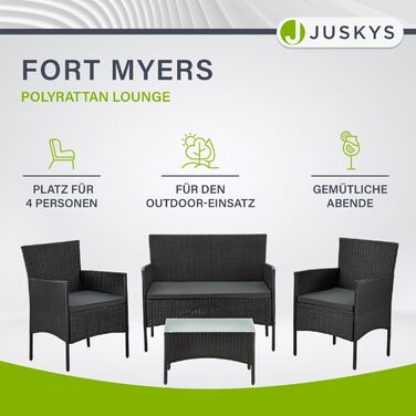 Стовідсотково розкішний комплект меблів для саду та балкону Juskys Fort Myers: 2-місний диван, 2 крісла, стіл, подушки. Чорний/кремовий, стійкий до погодних умов