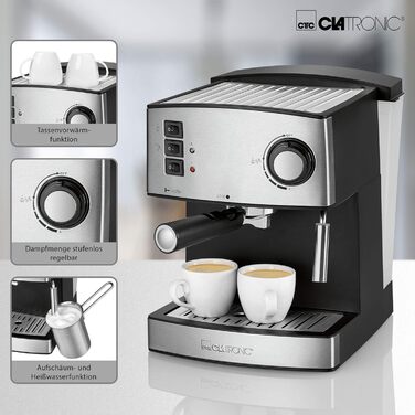 Еспресо-машина Clatronic ES 3643 Klassisch: 15 bar, 1,6 л резервуар, 2 диспетчери з капучинатором | 850 Вт
