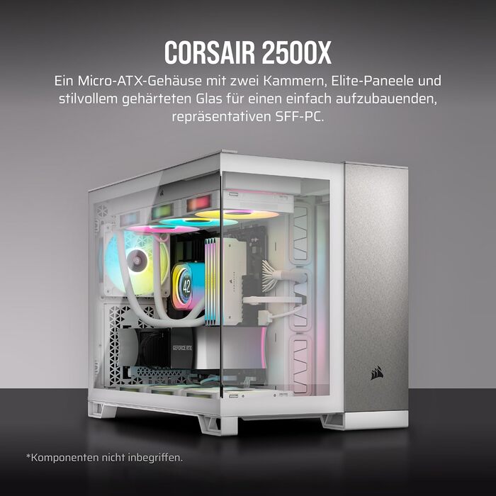 Корпус для ПК CORSAIR 2500X mATX, скло, двокамерний, без вентиляторів, білий/сатиново-сірий алюміній, підтримка реверсивної материнської плати