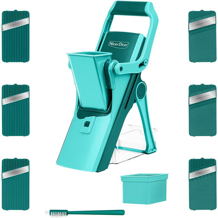 Nicer Dicer Mandoline 12-ти частинний набір для нарізки овочів, слайсер, овочевий гострий ніж, для нарізки соломкою, слайсами, кубиками, кухонний овочевий слайсер, турквіс/зелений