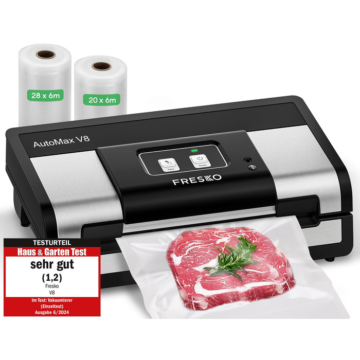 Вакууматор FRESKO Automatik для продуктів: автоматичний вакуумний пакувальник з турбо-потужністю 18л/хв, керування однією кнопкою, комплект з 2 рулонами для пакетів