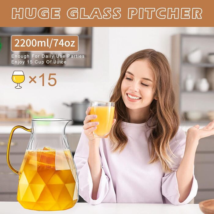 Скляна карафа Yirilan 2.2L з кришкою, 74 унції - для води, напоїв