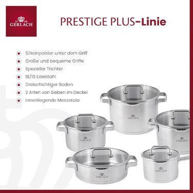 Набір каструль Gerlach Prestige Plus із нержавіючої сталі для індукції, 5 штук (1,5 л, 2,5 л, 3 л, 4,5 л, 6 л), можна мити в посудомийній машині