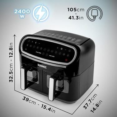 Аерофритюрниця Duronic AF34 BK 10 л для приготування картоплі фрі та страв без олії, чорна, електрична, фритюрниця з гарячим повітрям