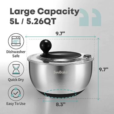Салатниця-центрифуга 5L з нержавіючої сталі, чорна, з кнопкою стоп, BPA-Free, з прозорою кришкою та дренажним отвором, з протиковзким дном, придатна для миття в посудомийній машині