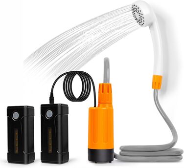 Портативний душ koopsmate для кемпінгу з LED-підсвіткою, акумулятором, дві батареї, душова насадка і шланг, для кемпінгу, саду та миття авто, помаранчевий
