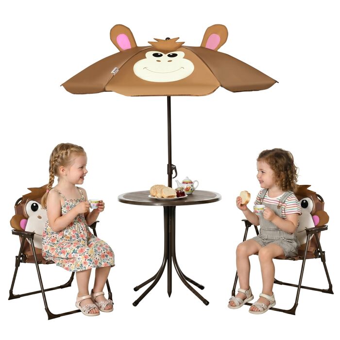 Дитячий садовий набір Outsunny: складаний столик та стільчики з малюнком мавпочки, регульований парасоль, для дітей 3-6 років, коричневий