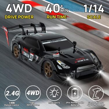 RC Автомобіль для дрифту 1:14 4WD GT – Радіокерування, пропорційний газ, чорний колір – Іграшка для дітей та дорослих