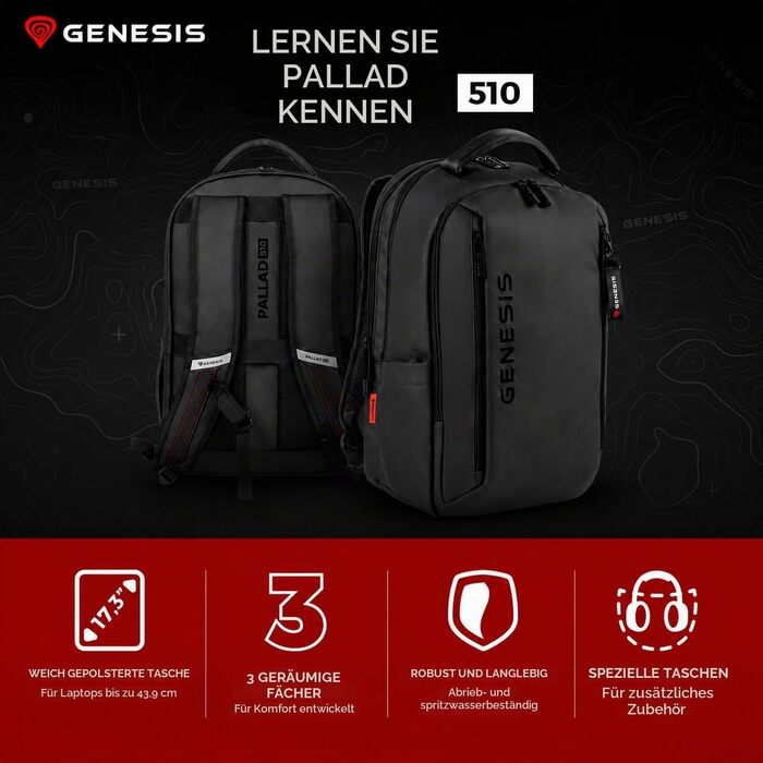 Рюкзак для ноутбука Genesis Pallad 550, 17.3 дюймів, 24 л, 19 кишень, чорний