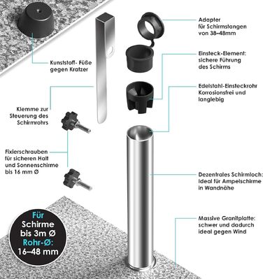 Підставка для парасольки KESSER Granit 30 кг з нержавіючої сталі (сіра, прямокутна) для стовпів 16-48 мм, з ручкою для транспортування - для саду та балкону