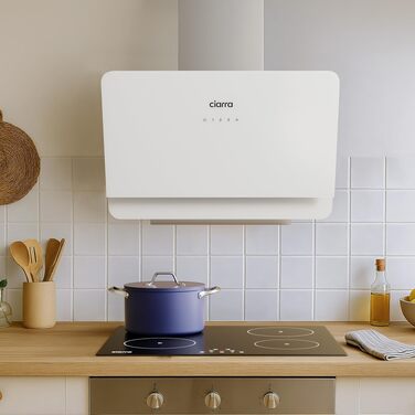 Похила витяжка для кухні CIARRA CBCS6765C 60 см, сталь та скло, білий/сріблястий, 580 м³/год, з вугільним фільтром CBCF055, сенсорне керування, настінний монтаж, клас A+