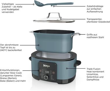 Ninja Foodi PossibleCooker (8 л), Цифрова мультиварка та повільноварка 8-в-1 з каструлею, вставкою для пароварки, ложкою та скляною кришкою, Мультиварка, приготування на парі, смаження, випікання, 8 порцій